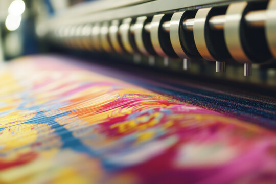 Digital textile printing machine with colorful fabric design in close up view