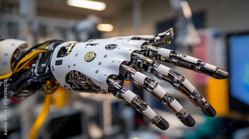 Poster advanced robotic hand: a close-up view of futuristic technology in a laboratory setting