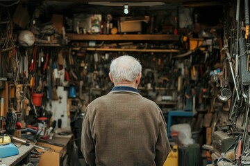 Fototapeta premium Senior Man in Workshop Surrounded by Tools and Equipment