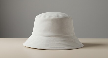 A plain white bucket hat sits on a neutral-colored surface against a gray background, showcasing its soft fabric texture and minimalist design.