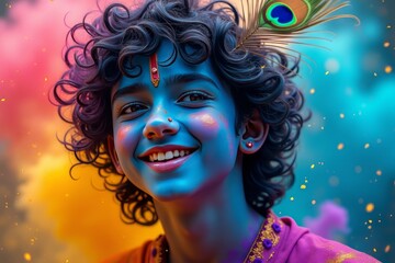 Obraz premium A mesmerizing portrait of teenage Krishna, immersed in divine music, playing his flute with a serene smile. His glowing blue skin, peacock feather, and vibrant Holi colors create a celestial aura.