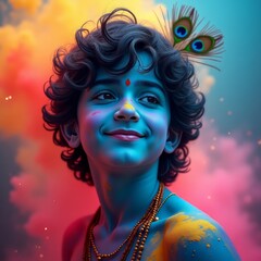Naklejka premium A mesmerizing portrait of teenage Krishna, immersed in divine music, playing his flute with a serene smile. His glowing blue skin, peacock feather, and vibrant Holi colors create a celestial aura.