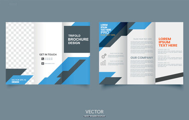 Modern business trifold booklet with a geometric design in blue and gray tones. Three-fold advertising booklet with an emphasis on modern style