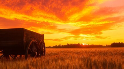 Sunset over a golden wheat field with a vintage wooden wagon silhouetted against the vibrant sky
