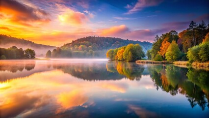 Naklejka premium Serene Long Exposure of Echo Lakes, Zwierzyniec, Poland - Misty Dawn Landscape Photography