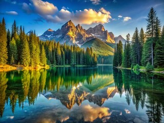 Obraz premium Serene Mountain Lake Reflection: Calm Waters, Majestic Peaks, and Pine Trees Under a Clear Sky