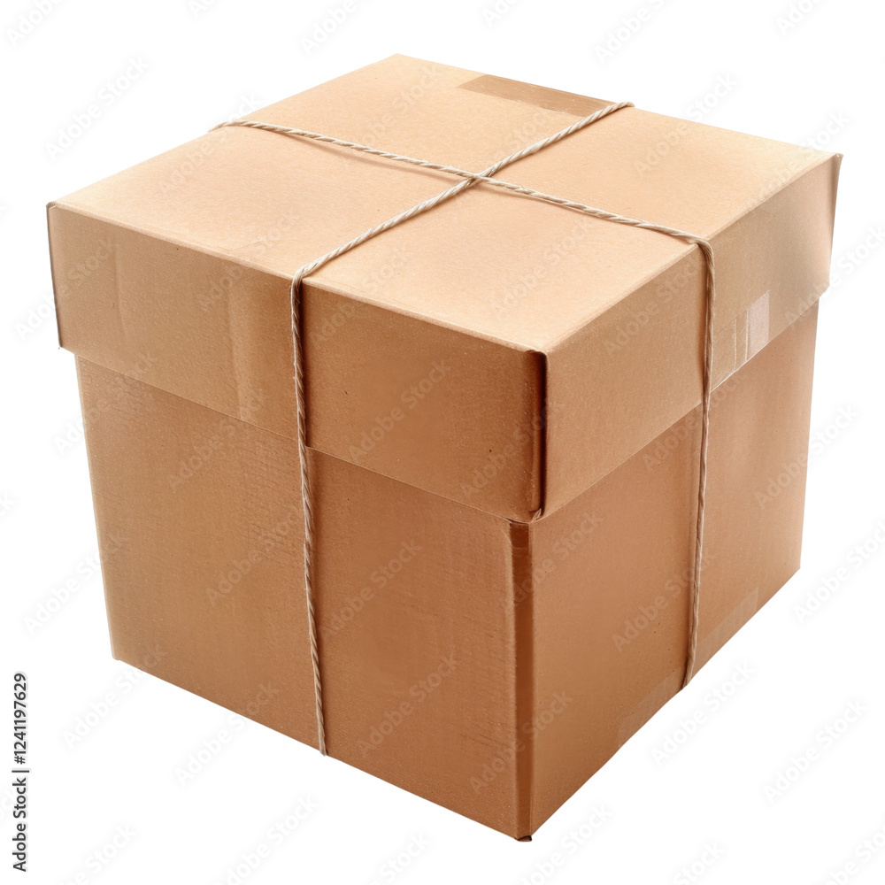 Poster closed cardboard box tied with string, ideal for shipping or storage. this sturdy container is perfe