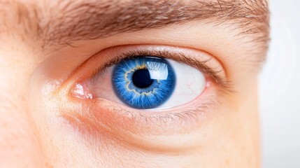 Obraz premium Close-up of a human eye showcasing vibrant blue iris and detailed eyelashes against a soft background