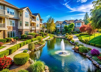 Obraz premium Serene Residential Community: Lush Gardens, Water Feature, Sunny Day