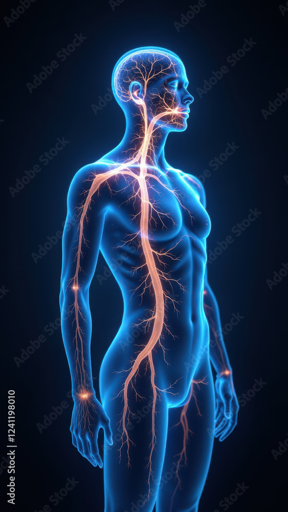 Aufkleber a computer-generated image showing the human nervous system with highlighted pathways of a vagus ner