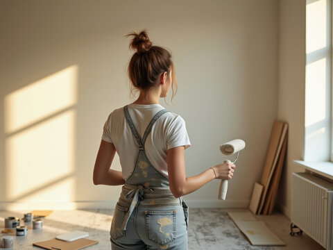 Vista posterior de una joven pintora con rodillo en apartamento para renovar
