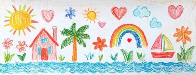 Colorful hand drawn illustration of a sunny landscape featuring a house, palm tree, rainbow, flowers, and a sailboat by the water, evoking a joyful, carefree summer vibe