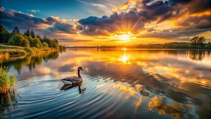 Serene Summer Sunset: Goose Resting Calmly on a Lake - Drone Aerial View