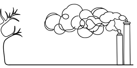 hand drawn vector illustration, one continues line drawing of a Chimney with tree