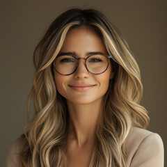 Fototapeta premium Happy smile businesswoman wearing glasses Blonde hair successful hispanic young business woman smiling confident at camera. Latin middle age female ceo leader on beige background businesswoman