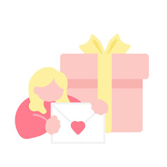 手紙を持つシンプルな女性とプレゼント　イラスト