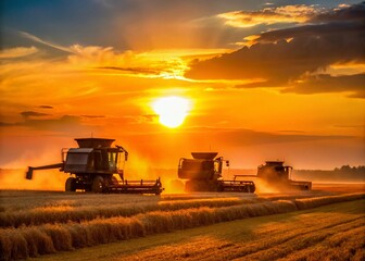 Fototapeta premium Serene Sunset: Minimalist Harvest Scene with Combines