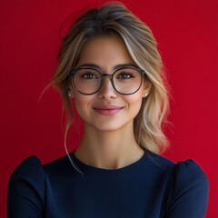 Fototapeta premium Happy smile businesswoman wearing glasses Blonde hair successful hispanic young business woman smiling confident at camera. Latin middle age female ceo leader on red background businesswoman