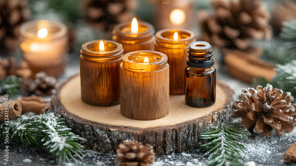Poster a cozy arrangement of lit candles on a wooden slice, surrounded by pine cones and greenery, creating