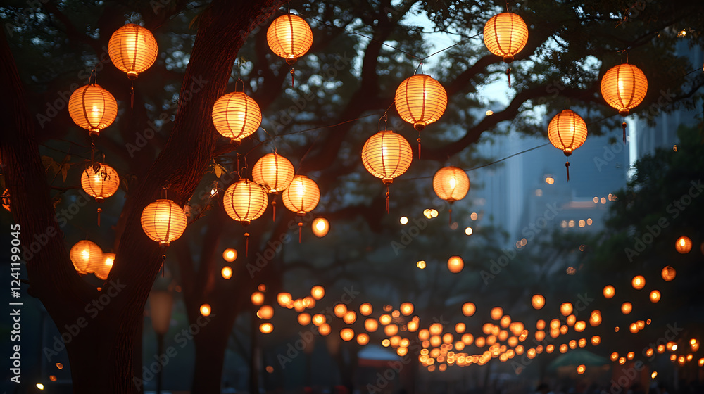 Poster a serene evening scene illuminated by glowing lanterns, hanging from trees, creating a warm and invi