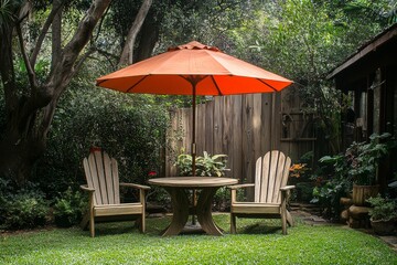 Obraz premium Round Wooden Table with Chairs and Umbrella in Mexican-Style Garden, Featuring Green Grass and Trees Under Natural Light