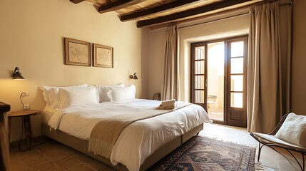 Luxurious bedroom with king-size bed, wooden beams, and patio doors leading to sunlight.
