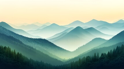 Obraz premium Serene mountain landscape at dawn with layered peaks and soft mist, evoking tranquility and nature