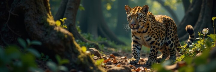 Fototapeta premium Leopard emerges from shadows with regal presence, forest, majestic, piercing blue