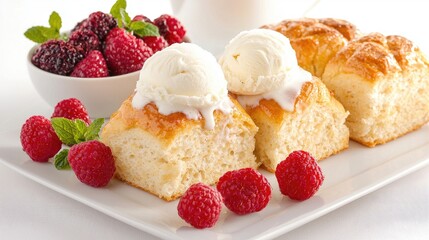 Sweet bread dessert with ice cream and berries