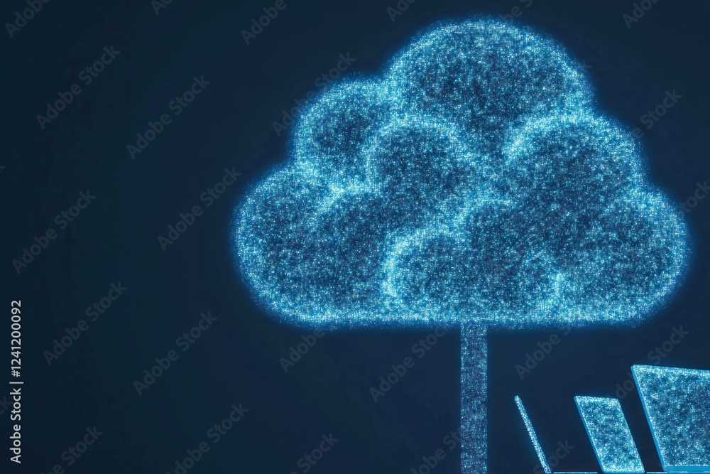 Aufkleber abstract digital cloud computing concept, depicting data storage with glowing blue particles and a l