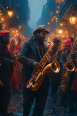 Obraz premium Illustration festive de musiciens de jazz jouant dans les rues de la Nouvelle-Orléans pendant Mardi Gras