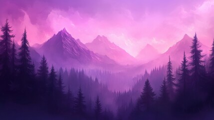 Obraz premium Serene Misty Mountains in Pastel Purple and Pink Sky Atmosphere