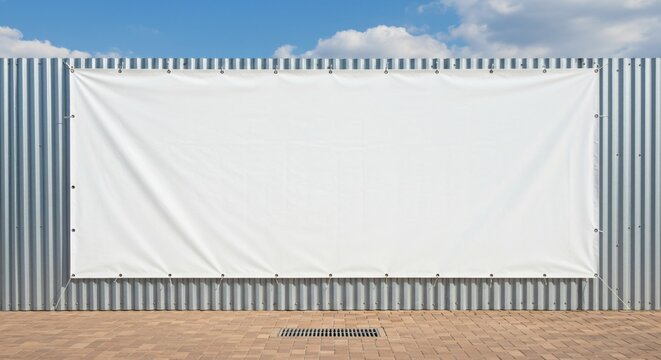 A large blank white banner secured to a corrugated metal fence outdoors, with a blue sky and clouds in the background. Ideal for advertising, branding, or promotional content.