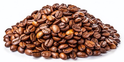 Fototapeta premium Roasted Coffee Beans Pile, Top View, Flat Lay, Whole Grains, Food Concept, White Background