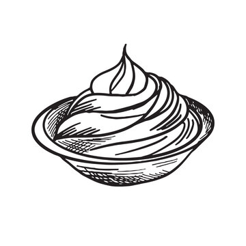 recommend clip art: Sauce bowl outline icon vector illustration. Line hand drawing BBQ, tomato ketchup, mustard or yoghurt cream, mayonnaise for dipping food, side view of condiment and seasoning sauce in glass cup