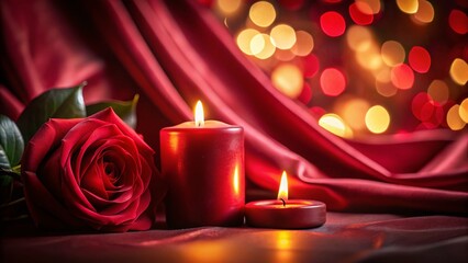 Romantic Candlelight & Rose Silhouette on Red Silk - Elegant Stock Photo