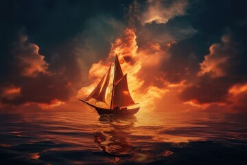 Fototapeta premium the AI Image Generator, Sailing Ship at Sunset With Dramatic Fiery