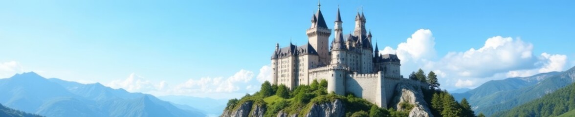 Obraz premium Hyper realistic photo of majestic castle walls and towers standing proudly against a clear blue sky, landscape photography, anatolian architecture, sunlit landscapes
