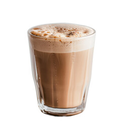 Creamy coffee drink in clear glass with frothy top and sprinkled cocoa