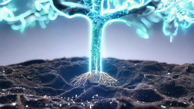 Witness the remarkable journey of a seed as it develops into a majestic tree. This time lapse showcases roots extending deep underground, illuminated by glowing lines, revealing nature's magic.