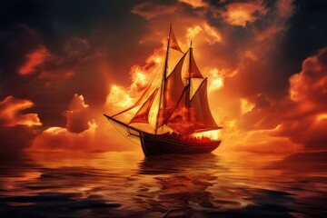 Obraz premium the AI Image Generator, Sailing Ship at Sunset With Dramatic Fiery