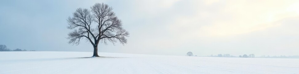 Fototapeta premium A lone tree in a snowy farm field with bare branches, snow, farm, winter