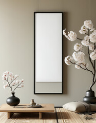 Blank picture frame mock up, Elegant black japanese frame empty white canvas hanging on the wall, minimal mockup frame on white cherry blossom wall, modern japanese interior, wall art presentation