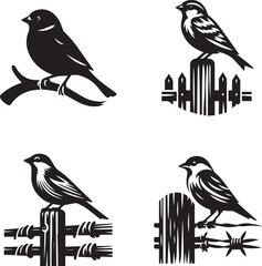 Black Silhouette Illustrations of Sparrows in Different Perching Poses, Representing Nature’s Beauty and Diversity