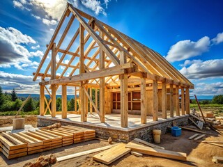 Rural Wooden House Frame Construction, Beams and Timber,  New Home Building Project