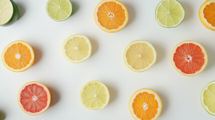 Obraz premium Colorful display of mixed citrus fruits including oranges, lemons, and limes arranged on a white surface