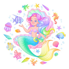 Beautiful mermaid in a seashell surrounded with fishes, corals and shells. Cartoon vector illustration.