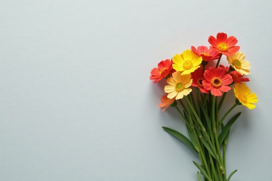 Colorful bundle of small pansey flowers on a light gray background, minimalist, isolated