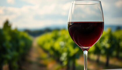 Close-Up of a Glass of Red Wine with Vineyard Background