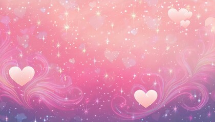 Pink background with hearts. Cute pastel unicorn wallpaper with stars and glitter. Dreamy fantasy gradient galaxy. Abstract vector template. Girly design for Valentine day backdrop